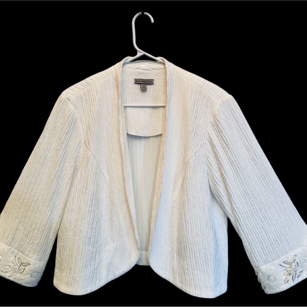White Textured Blazer with Open Front and Decorative Cuffs